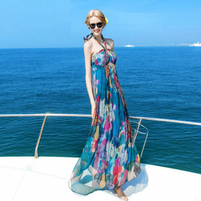 Women 100 Silk dress Beach dress 100% Natural Silk Blue Print dress Holiday summer dresses